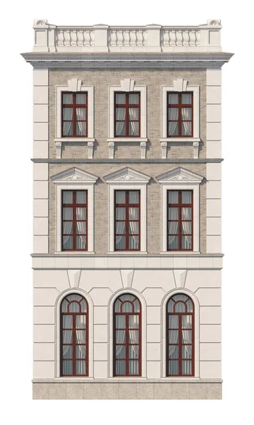 Façade d'une maison classique de trois étages avec fenêtres. rendu 3D — Photo