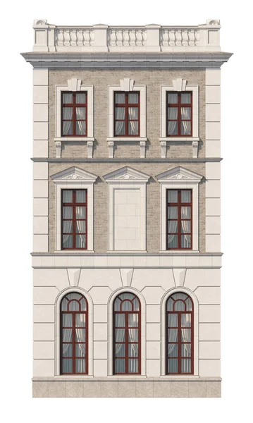 Egy háromemeletes klasszikus ház homlokzata ablakokkal. 3D renderelés — Stock Fotó