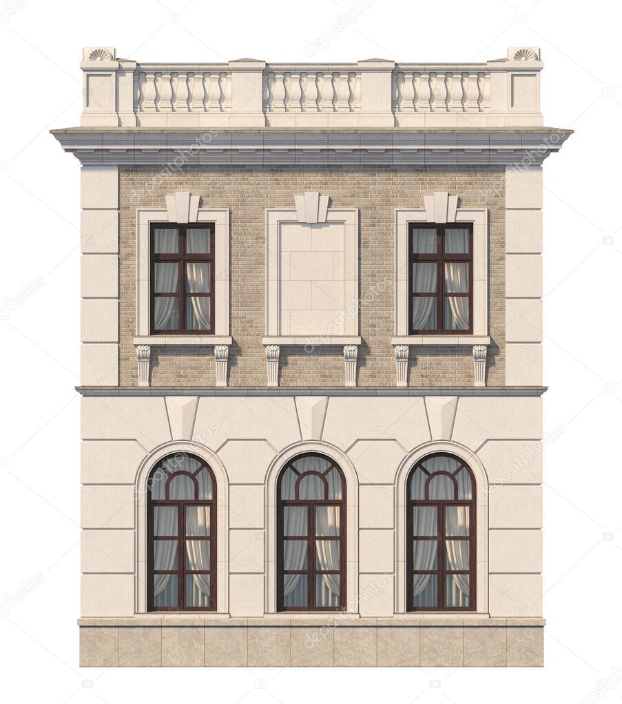 Facade of a two-story classic house with windows. 3D rendering