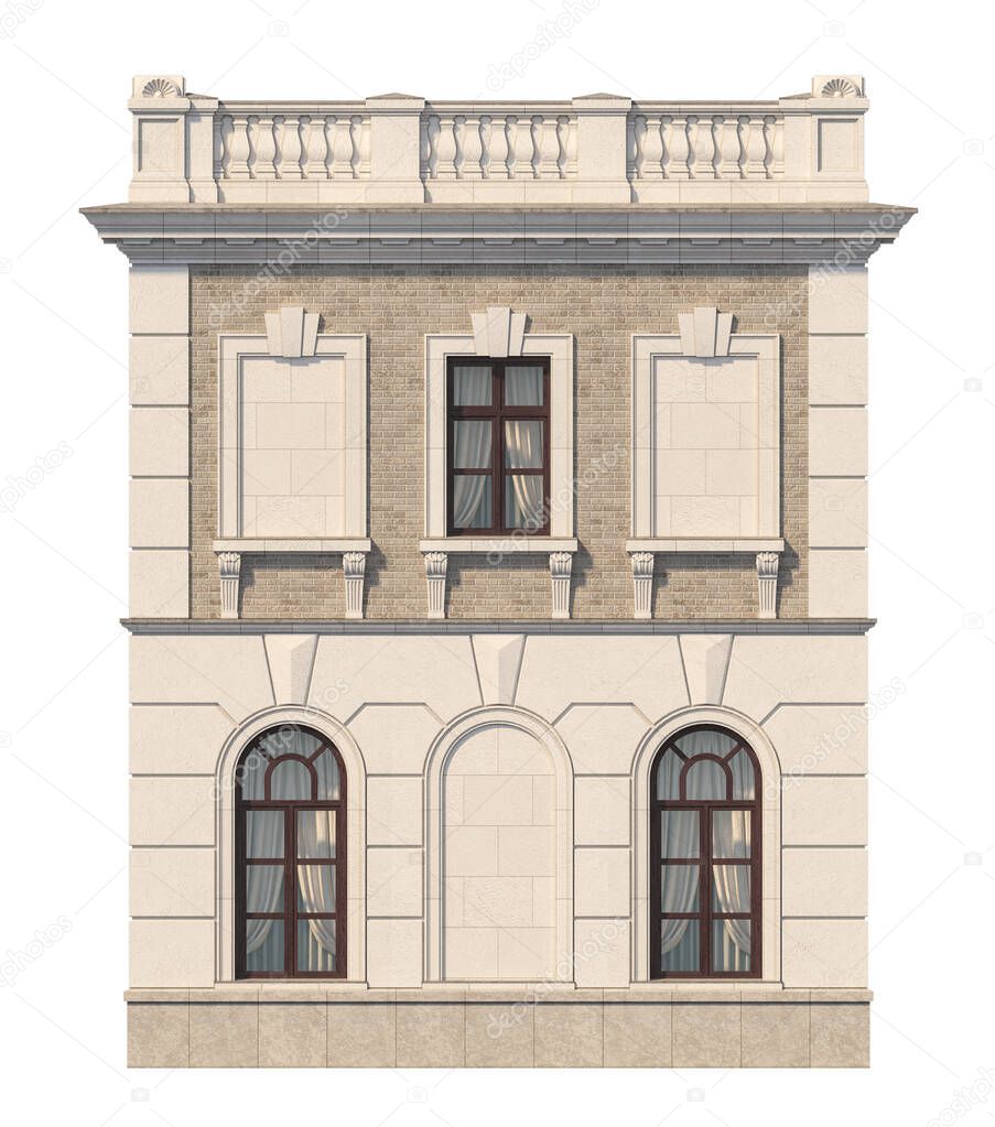 Facade of a two-story classic house with windows. 3D rendering