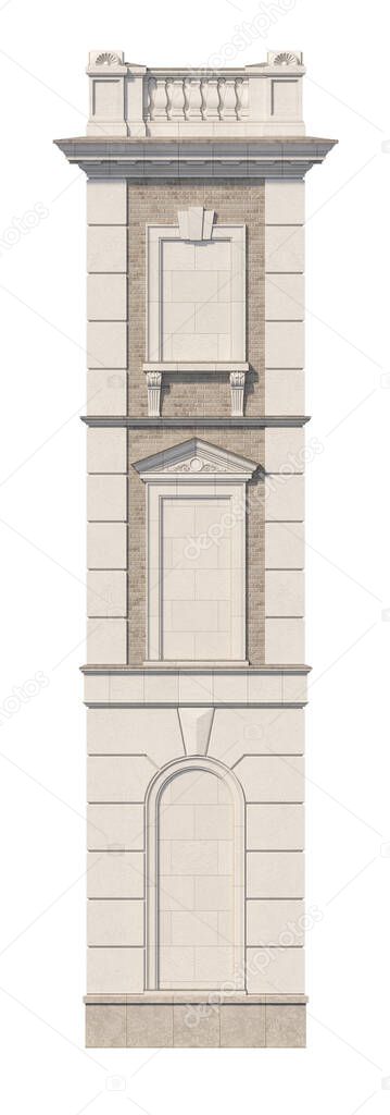Facade of a three-story classic house with false windows. 3D rendering