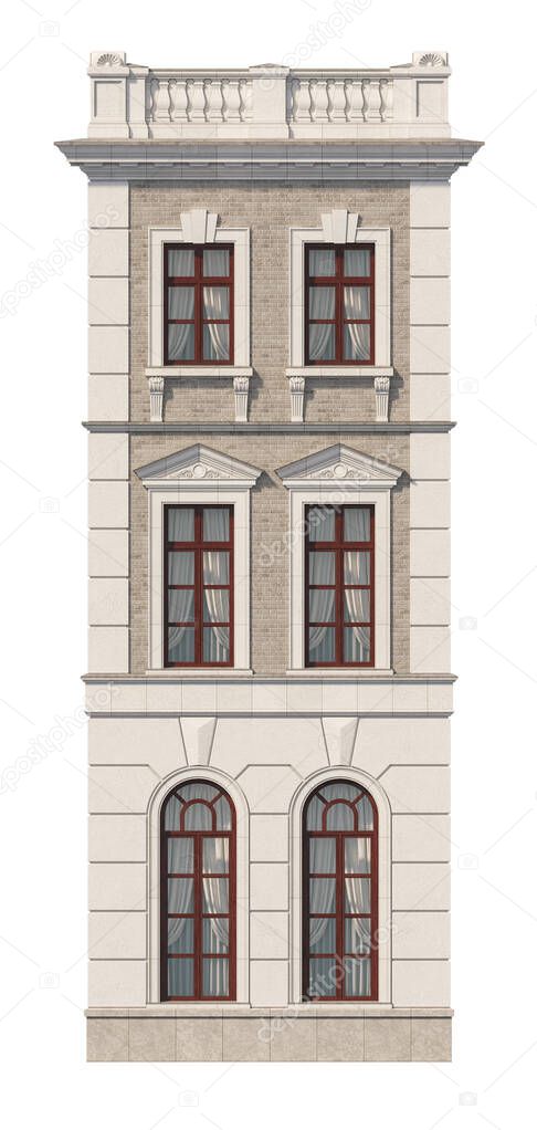 Facade of a three-story classic house with windows. 3D rendering