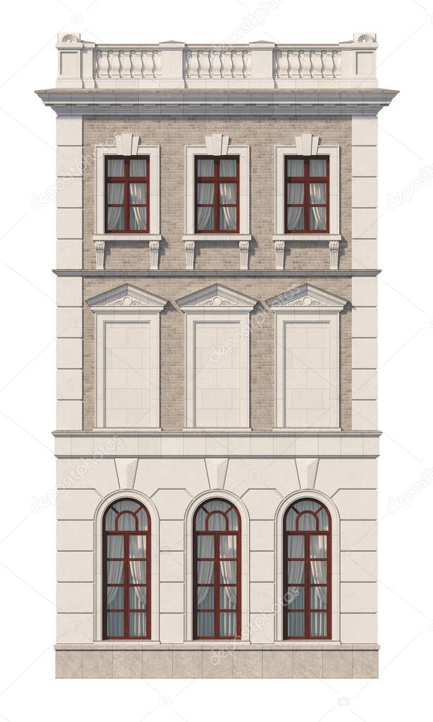 Facade of a two-story classic house. 3D rendering