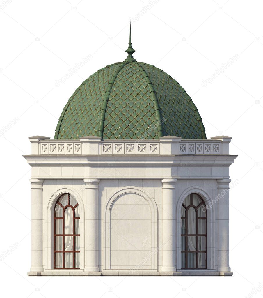 Classic style building exterior with copper roof. Architecture. Exterior. 3D rendering