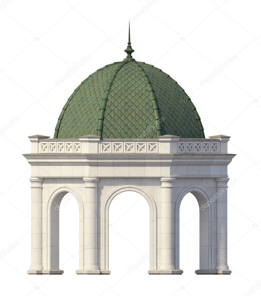 Rotunda with a green roof on a white background. Architecture. Appearance. 3D rendering