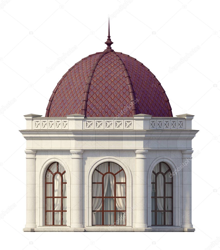 Classic style building exterior with copper roof. Architecture. Exterior. 3D rendering