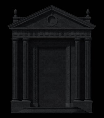 Siyah arka planda siyah bir kapı. Klasik bina ön cephesinin mimari unsurları. 3B görüntüleme