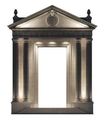 Beyaz arka planda ışık alan bir Portico. Binanın klasik cephesinin mimari unsurları. 3B görüntüleme