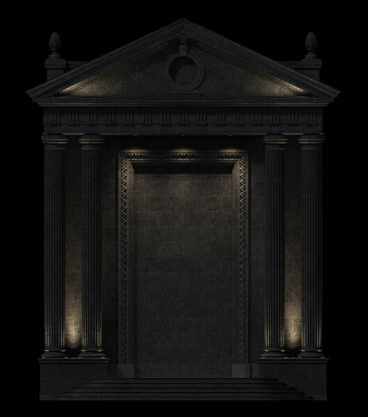 Black portico with backlight on a black background. Architectural elements of the classic facade of a building with a niche. 3D rendering