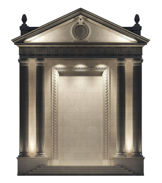 Portico with backlight on a white background. Architectural elements of the classic facade of a building. 3D rendering