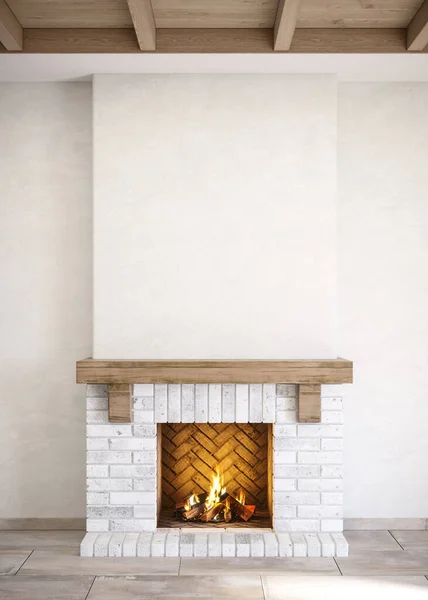 A rustic brick fireplace in light colors with firewood in the firebox. 3D render.