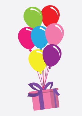 Havada renkli balonlar ve hediye kutusu, düz dizayn tarzı. Mutlu yıllar, tatiller, parti konsepti web sitesi, web düğmesi, mobil uygulama için trend vektör helyum balonu sembolü. Logo illüstrasyonu.