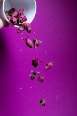 Pembe arka planda beyaz bir bardaktan düşen küçük pembe güller.