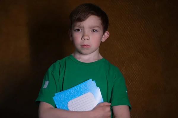 Retrato de um menino loiro de nove anos de idade em uma camiseta verde no fundo marrom segurando alguns cadernos azuis. escola em casa — Fotografia de Stock