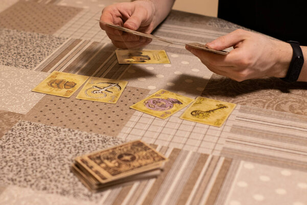 close up of a Board game. concept - someone play board game with figures and cards