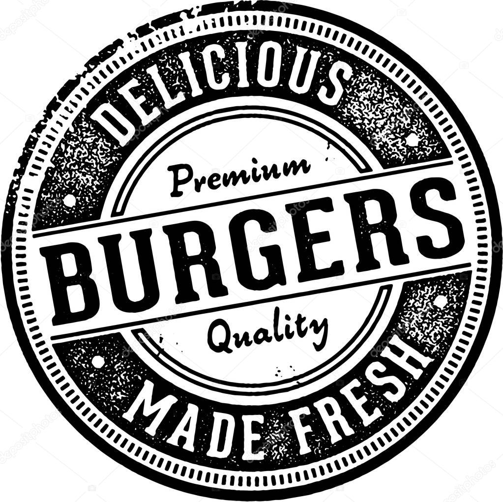 Vintage style stamp imprint featuring premium burgers for restaurant menu design.