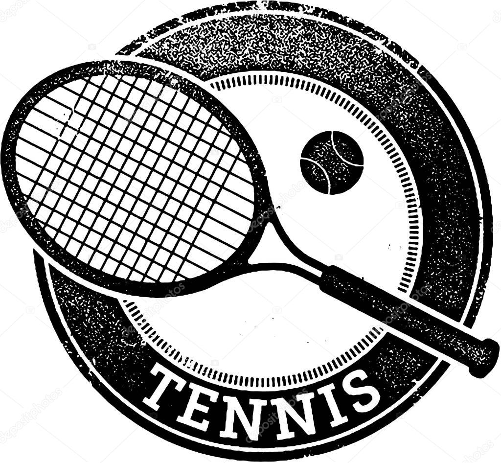 Vintage style distressed stamp featuring the sport of tennis.