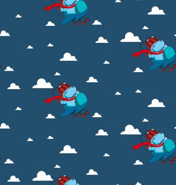 Desen su aygırı. Uçan Hippo. Su aygırı pilot. Su aygırı çocuk bebek arabası üzerinde uçan. Vektör çizim. Desen uçan su aygırı