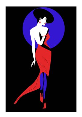 Illustration minimalizm tarzı. Zarif kadın. Kırmızı elbiseli kadın. Şapkalı bir moda kadın