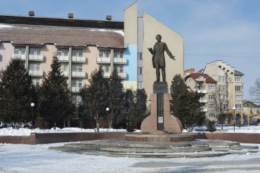 Drohobych, Ukrayna - 17 Şubat 2017: Ünlü Ukraynalı sanatçı Taras Şevçenko, ayrıca denilen kobzar Anıtı