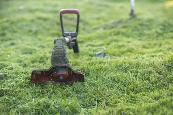 String trimmer lies on mown lawn middle of the yard — Stock Photo, Image