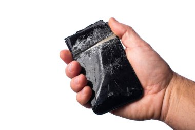 Bir kırık cep telefonu, izole iş kavramı, beyaz bir arka plan el tutar