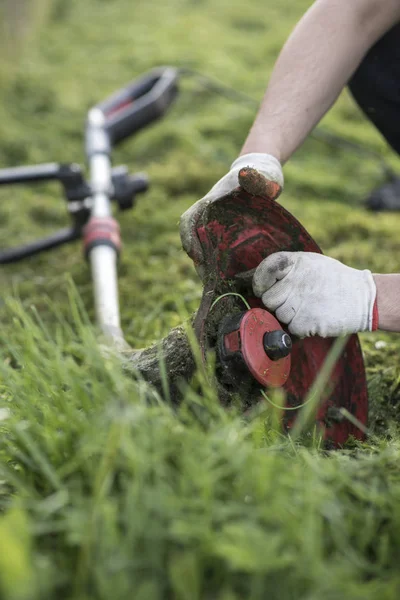 String trimmer rengöring efter klippa gräs, vård och underhåll, arbetsflöde — Stockfoto