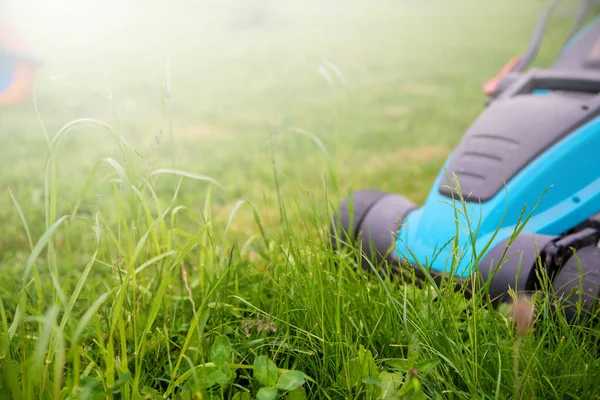 Tagliaerba in giardino. Giardino e prato tema cura. Settore dei servizi sanitari — Foto Stock