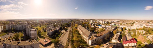 180 degrees landscape of urban area. Aerial drone view cityscape. Older European town Drohobych, Ukraine