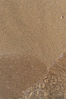 Şeffaf deniz suyu kumlu sahili, üst manzarayı kaplar, kapatır. Kopya alanı ile güzel bir yaz dikey arkaplanı