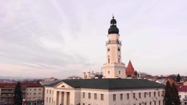 Rathaus Der Stadt Drohobytsch Auf Dem Zentralen Platz Tauben Fliegen — Stockvideo