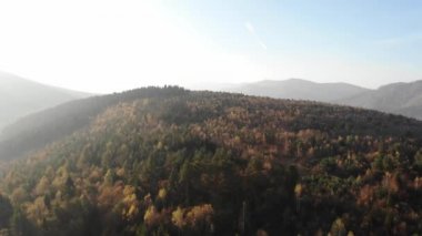 Dağlarda gün doğumu. Altın Düşüş. Manzaralı sonbahar manzarasının insansız hava aracı görüntüsü.