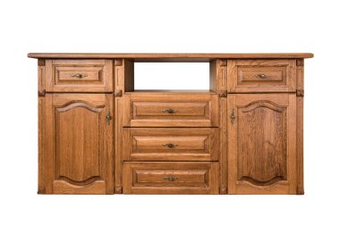 Lüks meşe sandık, ön manzara. Kırpma yolu olan beyaz bir arkaplanda izole edilmiş nesne. Günlük yaşamda iç mekan ve pratik şeyler.