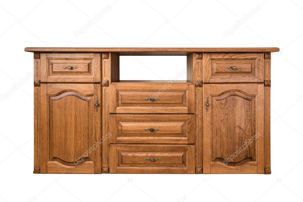 Luxury oak chest of drawers, front view. Object isolated on a white background with clipping path. Stylish interior element and practical thing in everyday life