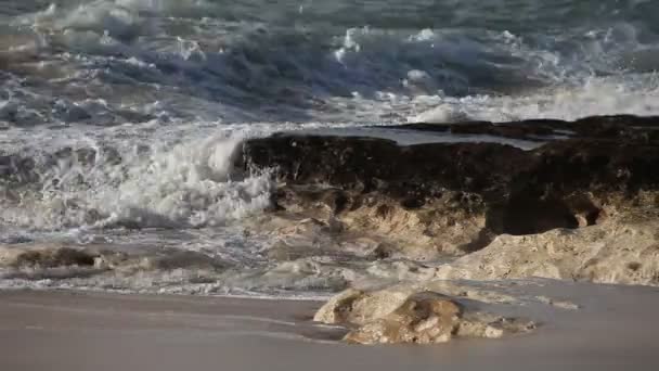 Nagy óceán hullám összetörik le, a kő — Stock videók