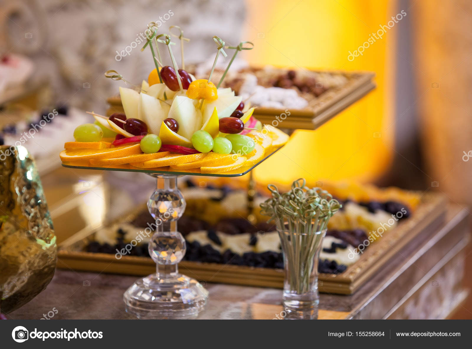 Table Setting Fruits At The Wedding Reception Stock Photo