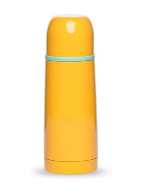 Beyaz arka plan üzerinde izole Sarı metal termos koleksiyonu