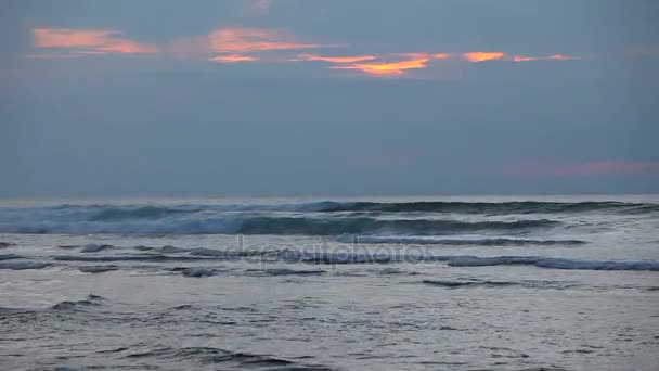 Ondas oceânicas ao pôr-do-sol com surfistas — Vídeo de Stock