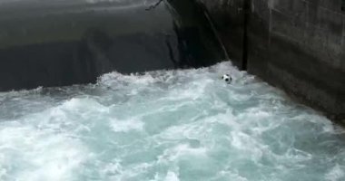 Şehir kanalında, yakın çekimde suyun içinde yüzen futbol topu.