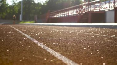 Spor kız stadyum yarış güneşli bir sabah çalışan.