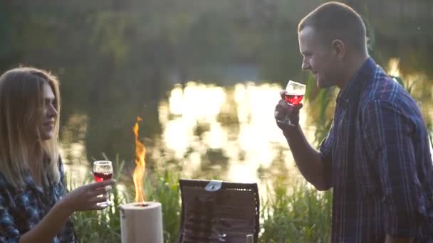 Evening picnic with fire and vine — Stock Video