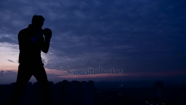 Boksen opleiding silhouet met nacht stad achtergrond — Stockvideo