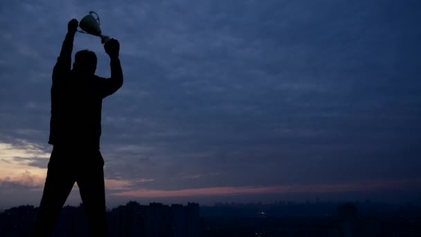 Kampioen en winnende concept. Silhouet van een hand met een kampioenschap trofee tegen de hemel — Stockvideo