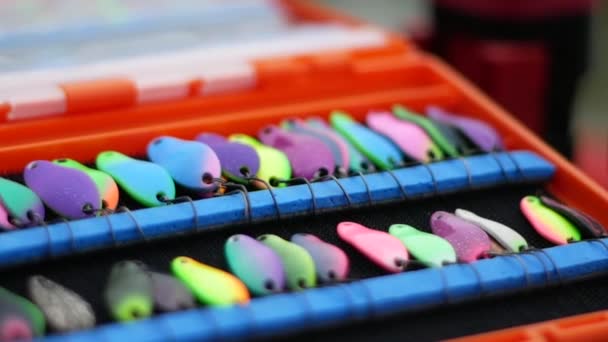 Close up of fishing tacklebox with trout area spoons — Stock Video