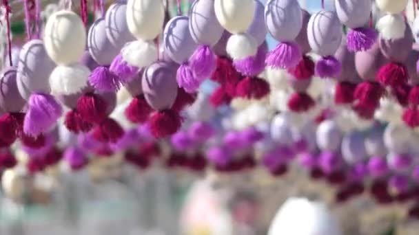 Close up of decorative easter eggs on the spring wind — Stock Video