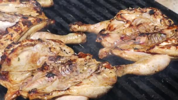 Grilled chicken thighs on the flaming grill. — Stock Video
