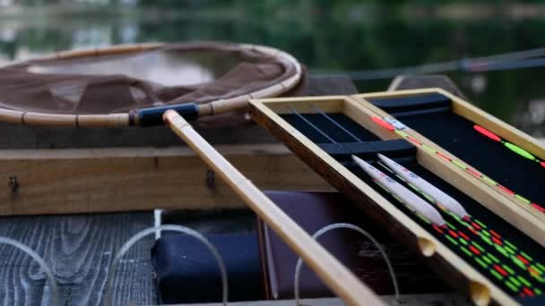 Fishing net and floats. Fishing tackles and rod for herabuna fishing — 비디오