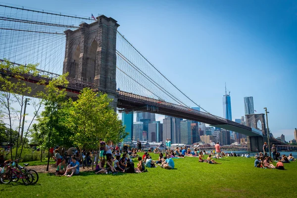 Brooklyn Köprüsü'nün Park altında piknik ve aile günü — Stok fotoğraf