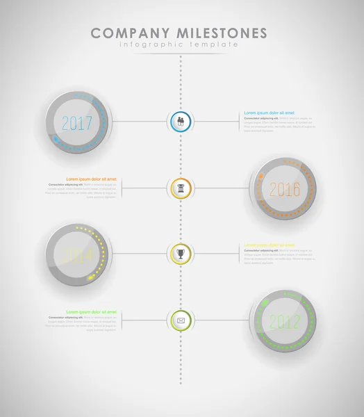 Infographie entreprise jalons calendrier vectoriel modèle avec led — Image vectorielle