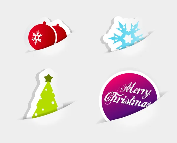 Vier pictogrammen Kerstmis symboliseert gleed in naar papier cut outs. — Stockvector